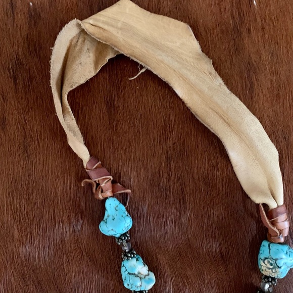 Turquoise Leather Buckskin Handmade Long Beaded Necklace - Picture 6 of 6